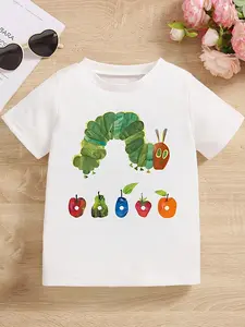 Kids' The Very Hungry Caterpillar Graphic T-Shirt - Cute Caterpillar & Fruit Print Short Sleeve Tee, Casual White Cotton Top for Toddlers