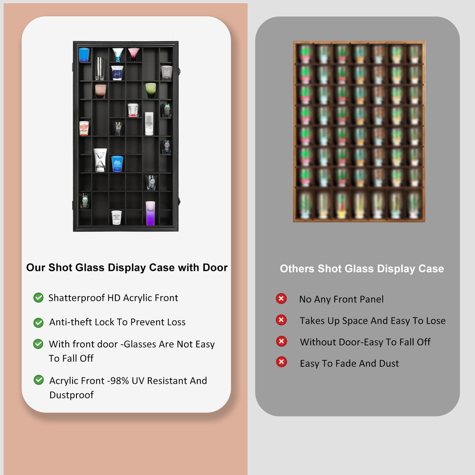 IHEIPYE 52 Shot Glass Display Case Acrylic Glass with Uv Protection-Large IHEIPYE Shot Glass Collection Cabinet Rack Holder For Wall, Wooden Shot Glass Display Storage Box Lockable with Removable Gift Shelves-Black Metal Organiser