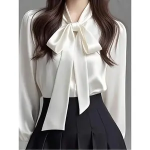 Women's Elegant Satin White Long Sleeve Casual Shirt, Versatile Commuter Blouse With Bow Collar Detail - Solid Color Suitable For All Seasons, Machine Washable Non-Sheer, Soft & Breathable Fabric, Refined Satin Texture,