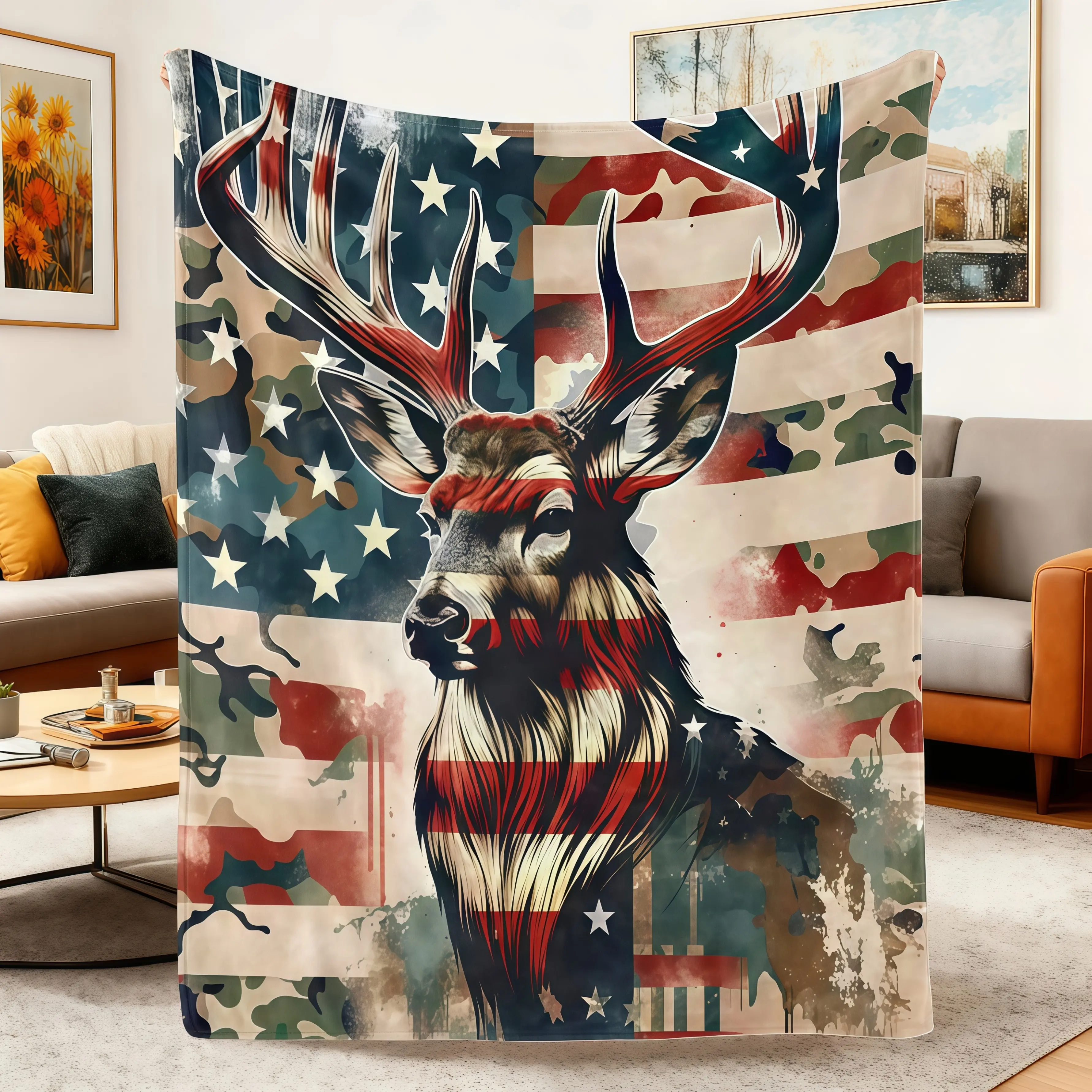 Soft Deer & American Flag Flannel Throw Blanket,Patriotic Buck Camo Cozy Lightweight Rustic Deer Head & Flag Blanket for Couch Sofa Bed,Warm Camping Travel,Gift for Dad Husband Men Birthday Father's Day Christmas