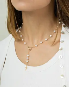 6mm Pearl Gold Denarius Necklace 18K Gold Plated Brass Rosary‑Style Necklace Spiritual Jewelry for Women Faith-Inspired Accessory  Elegant Prayer Necklace Gift