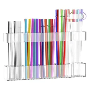 Straw Holder for Cabinet Door 9.8" Adjustable Two-Part Large Acrylic Straws Organizer with Ultra Sticky Adhesive Strips 2025 Reusable Straw Storage for Kitchen Cupboard Clear