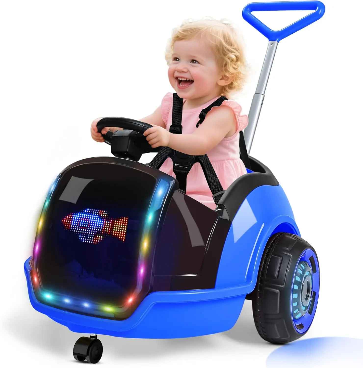 #sohochic ANPABO 3-in-1 12V Electric Push Ride On Car for Toddlers - Kids Toys with Remote Control, 360° Spin, 5-Point Safety Belt, Colorful LEDs, LED Star Lights, Music Player, Emergency Stop, Ride On Wheels, Batteries, Outdoor Play Gift