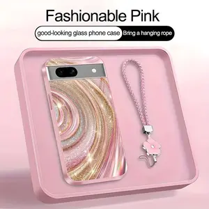 Luxury Rose Gold Swirl Phone Case with Flower Lanyard, Glitter Pink Art Aesthetic Cover for Google Pixel 7a ---975