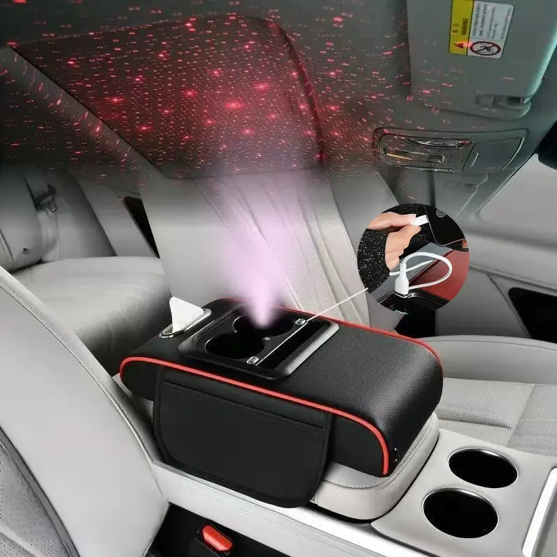 2026 New 5-in-1 Car Armrest Cushion with Height Extension Tissue Box and Storage Bag Starry Roof and Charging Function Memory Foam Central Console Armrest Pad for Car Interior