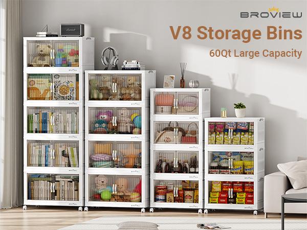 BROVIEW 180Qt/240Qt/300Qt Stackable Storage Bins with Lid, Each 60Qt Stackable Storage Bin, Closet Organizer and Storage Drawer, Collapsible Storage Box with Wheels, Plastic Clothes Storage Cabinet Containers for Home Organization