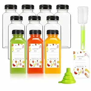 Plastic Juice Bottles with Caps 10pcs 12oz, Reusable Juice Containers with Tamper Proof Lids Black, Clear Bottles for Juicing, Milk, Smoothie Bottle, Drinking with 10Pcs Labels & Bottle Brush