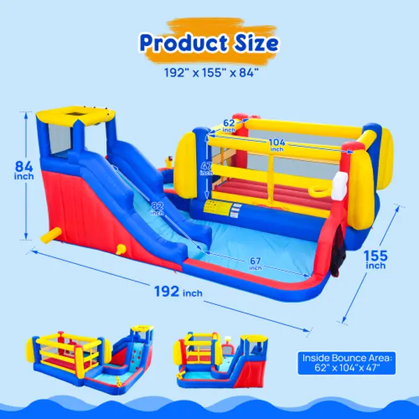 AOTAROW 7in1 Kiddie Multi Purpose Inflatable Bounce House Water Park Playset - 5-10 Child Capacity, Jumping Area, Climbing Wall, Splash Pool, Air Blower Included, Indoor-Outdoor Garden Toy for Big Kids, Mother's Day Gift