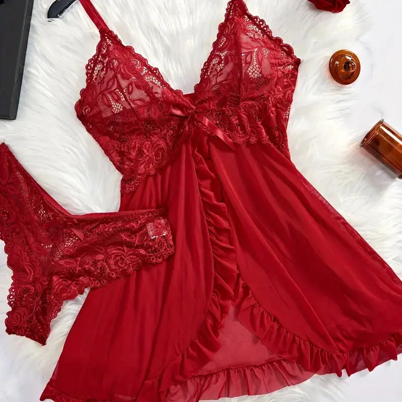 Women's 2-Piece Lingerie Set - Feminine Floral Mesh Lace Chemise with Thong, V-Neck Girly Feminine Outfits, Comfortable Complete Lingerie Sets for Women