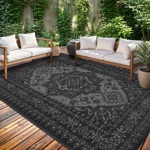 Large Outdoor Rug Vintage Floral Print Patio Rug Double-Sided Reversible Plastic Straw Mat Foldable and Portable for Gardens Backyards Balconies Picnics Beaches and RVs