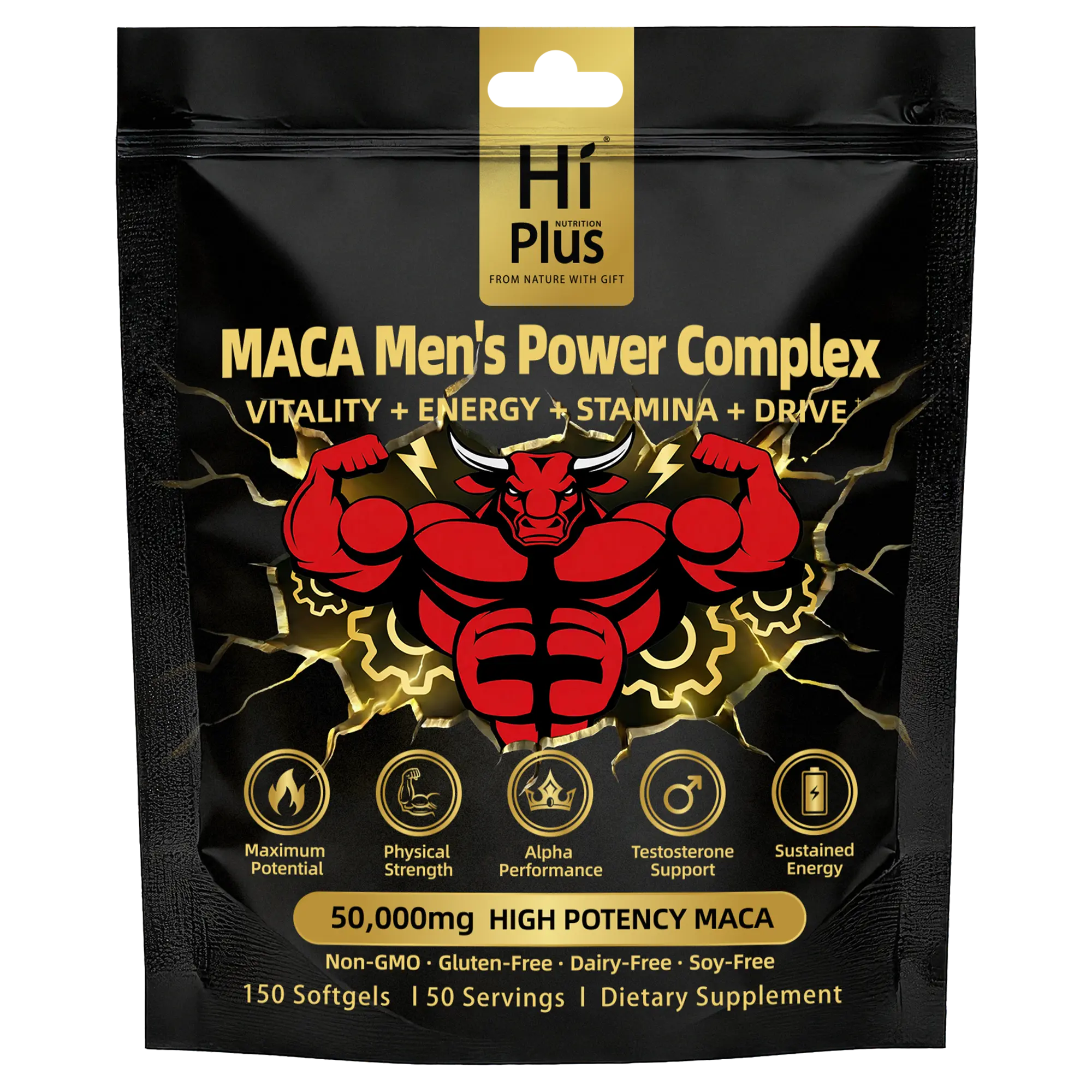 HiPlus Men's Dietary Natural Nutritional Fitness Performance Supplement Capsules - Shilajit, Maca, Ashwagandha, Ginseng, Vitamin C - Immune Booster, Energy/Stamina Support - 150/300 Softgels, Natural Supplements, Nutritional Supplement