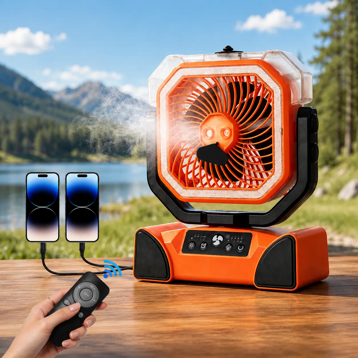 Qawtor 2026 Upgraded Misting Fan, Rechargeable Camping Fan with 20000mAh Battery, LED Lantern, 360° Rotating Hook, Portable Outdoor Fan for Tent, RV Trips, Travel, Power Outages & Back to School