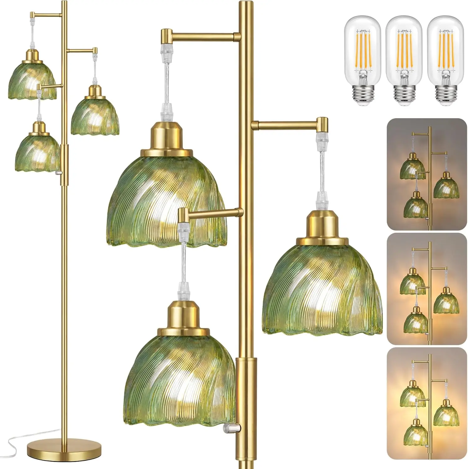 Dimmable Gold Floor Lamps for Living Room, Vintage Tree Standing Lamp with Glass Shades, 3 Light Mid Century Flower Floor Lamps for Bedroom, Office, 6W, Brushed Gold & Green Shades