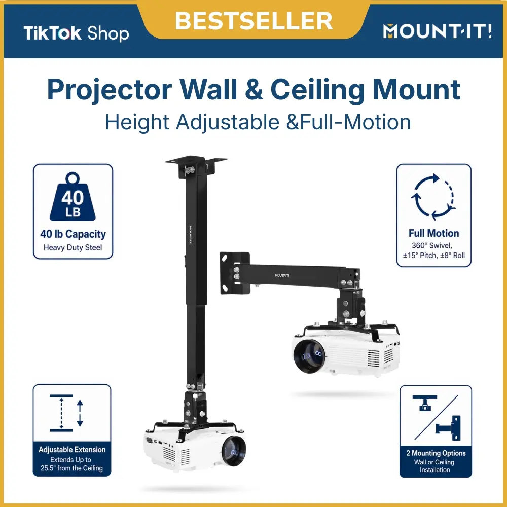 Mount-It! Full Motion Projector Wall & Ceiling Mount - Quick Release Audio & Video Accessory, ±15° Pitch, 4.5" to 25.5" Height Adjustment, 360° Swivel, 40 lb Load Capacity, Durable Steel Build