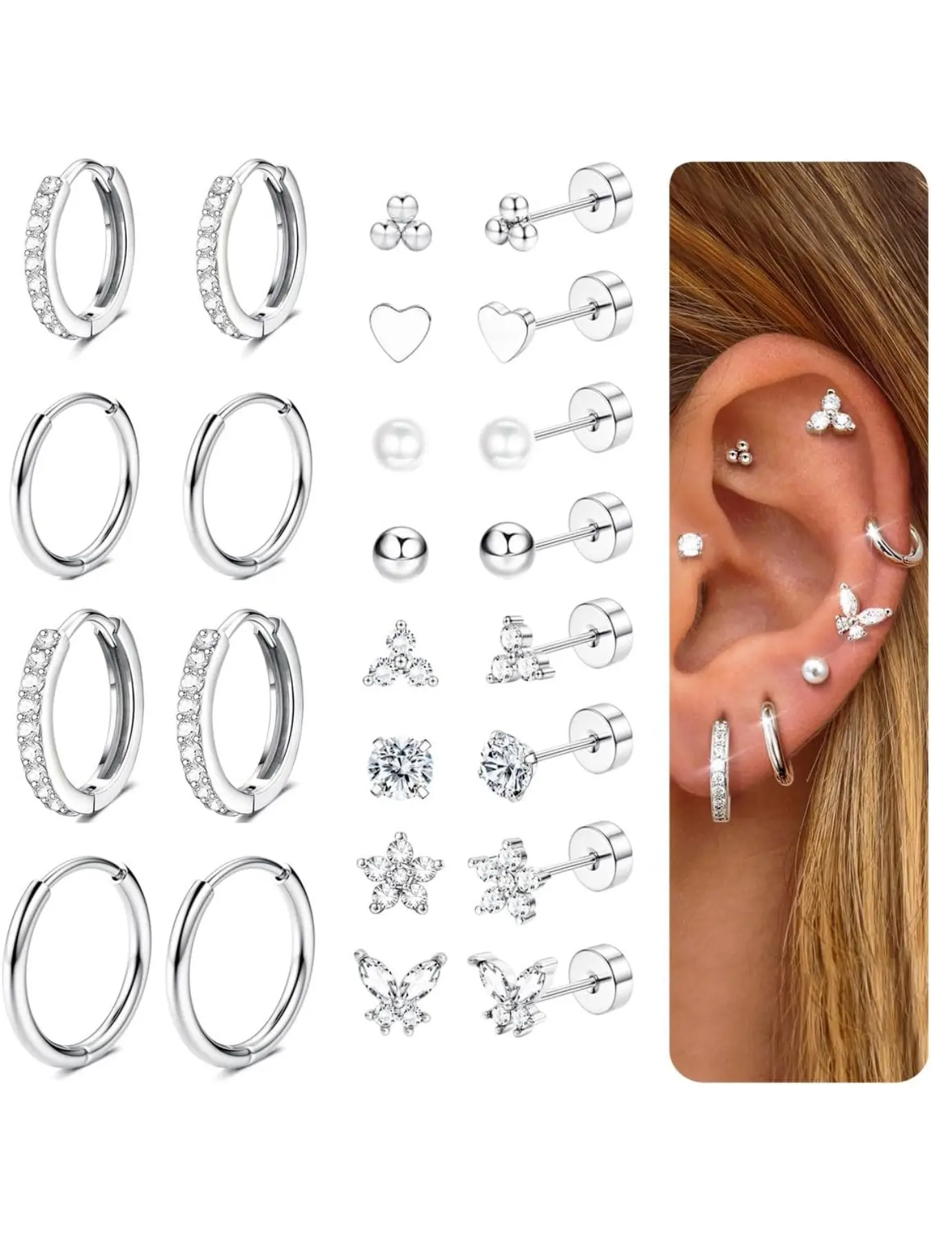 12Pairs Flat Back Earrings for Women and Men, Hypoallergenic Surgical Steel Earrings for Sensitive Ears, 14K Gold Hoop Earrings, Flatback Cartilage Tragus Helix Piercing Earrings, Stud Earrings Jewelry, Earrings Hoops, Earrings Set