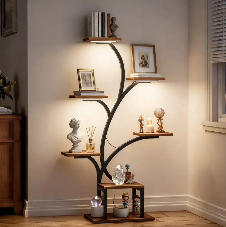BACEKOLL 7-Tier Lighted Tree-Shaped Corner Wall Shelf, 49" Metal Organiser with LED Lights for Room Accessories, Decorating, Bookshelf Storage (Brown), Soft Lighting