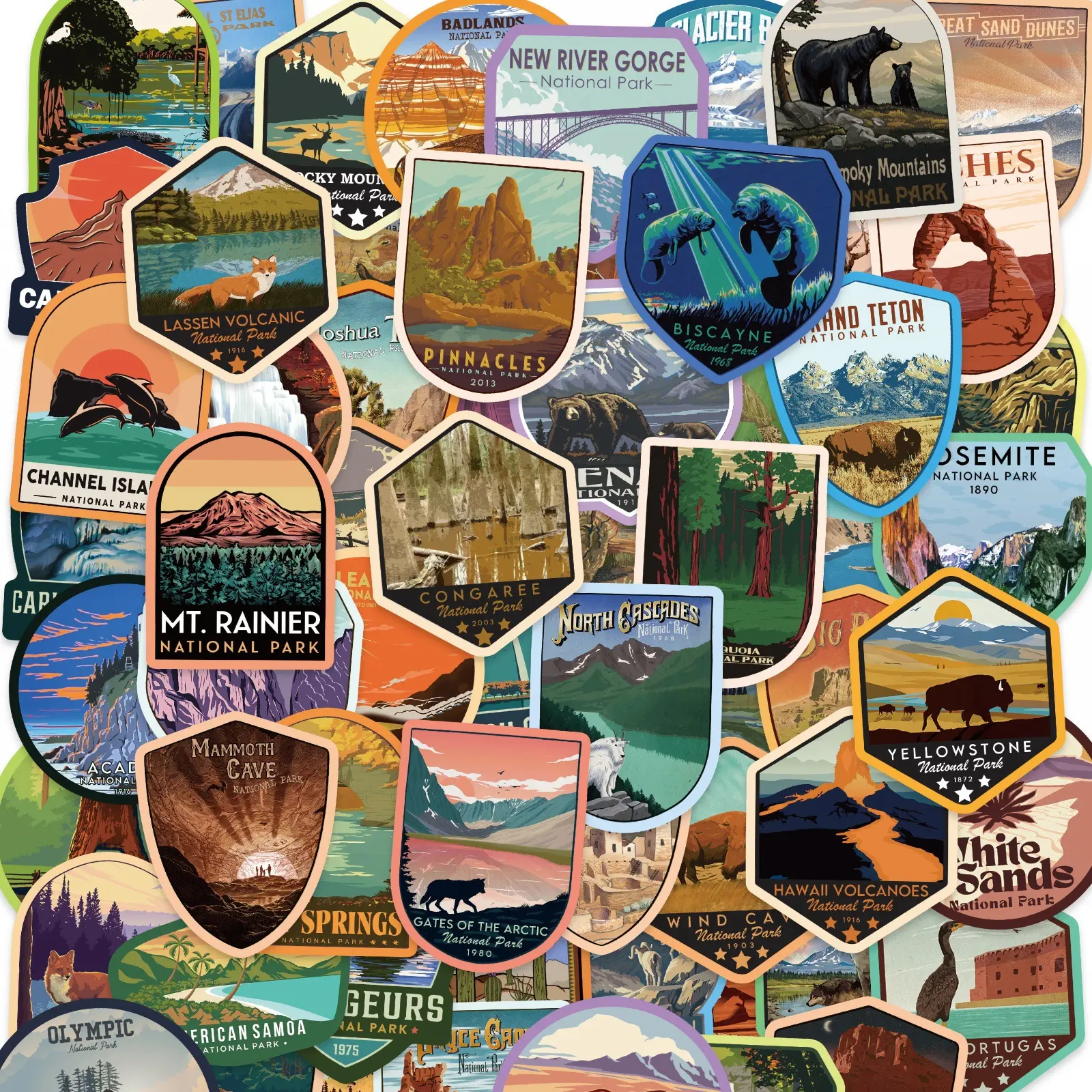 63PCS National Park Adhesive Vinyl Decal Set USA, Nature Theme Decorative Outdoor Stickers, Waterproof Weatherproof Vehicle Exterior Decoration for Cars, Hiking Camping Water Bottles Laptop Phone Scrapbook, Pre-Cut Decals