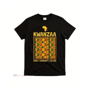 Kwanzaa African Print T-Shirt |   Black Crew Neck, Short Sleeve, Geometric-Pattern, Casual Style, Medium Stretch Fabric, All-Season Comfort Fit for Men and Women