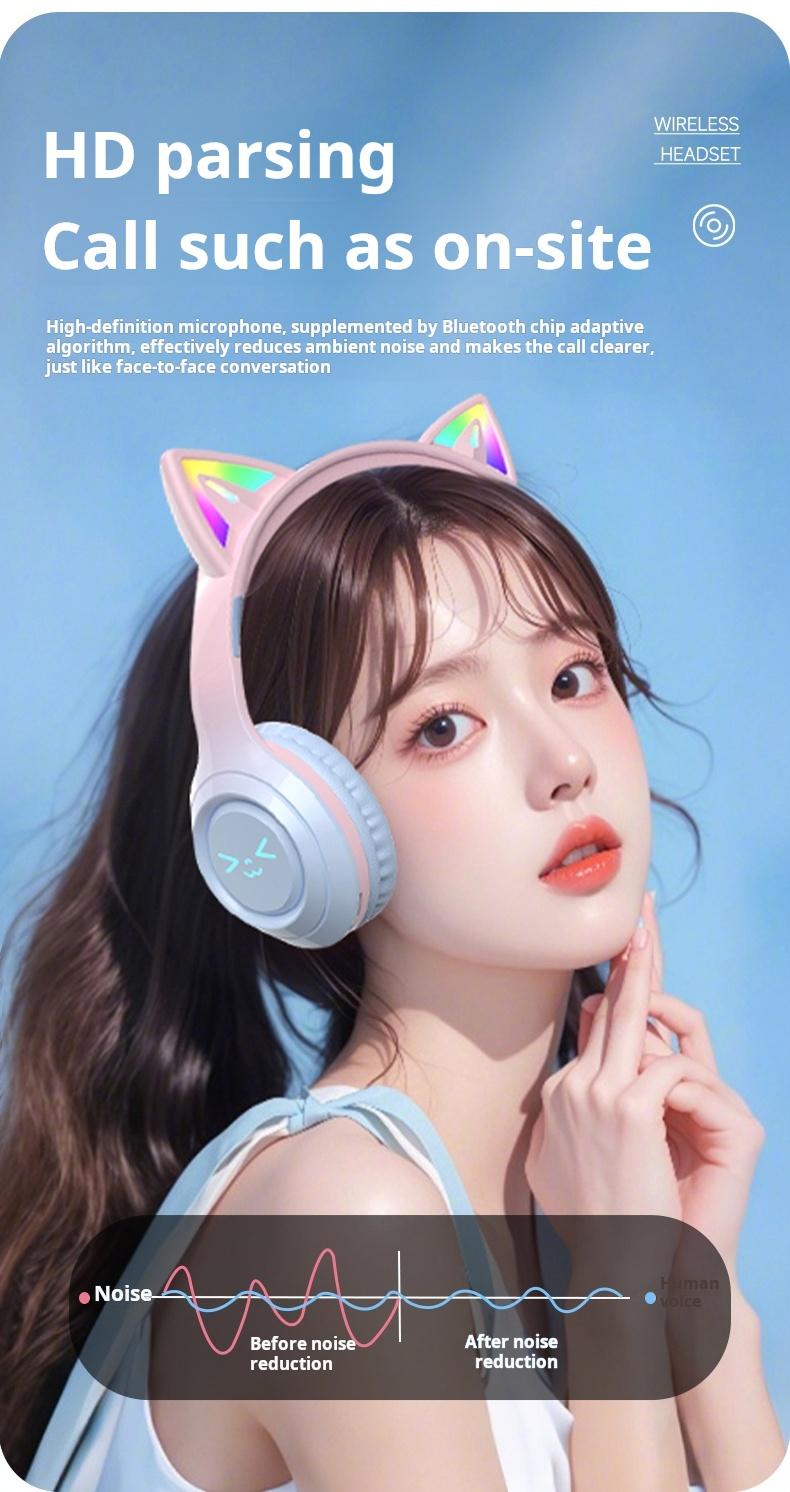 Wireless Bluetooth Cat Ear Headphones LED Light Up Foldable Over Ear with Built in Microphone Long Battery Life for Phone Tablet iPad Laptop Computer Cute Gift for Kids Teens and Adults