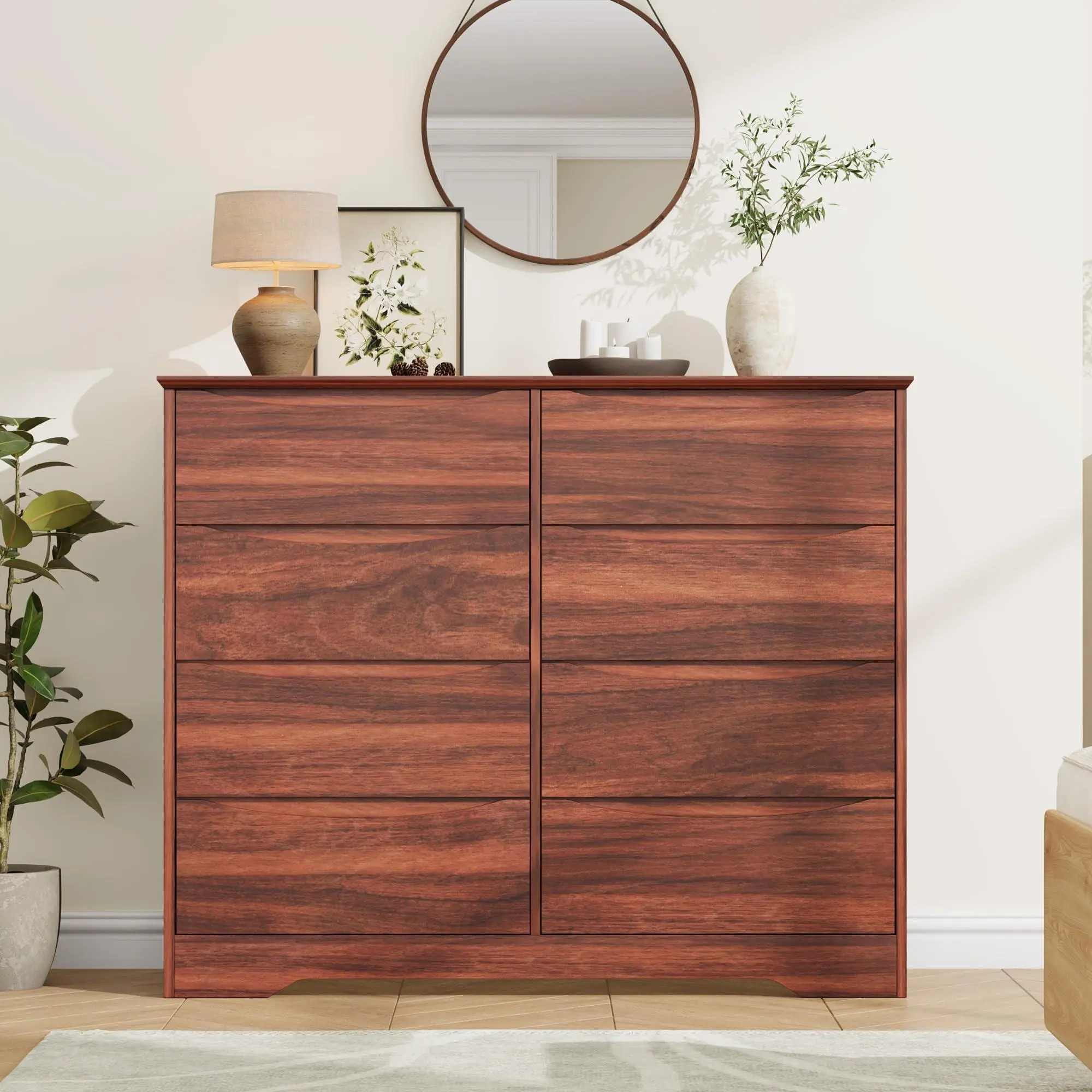 Red Walnut Solid Wood Modern Tall 8-Drawer Single Unit Rectangular Dresser - Deep Chest Drawers, Wide Top, Wide Base for Bedroom, Living Room