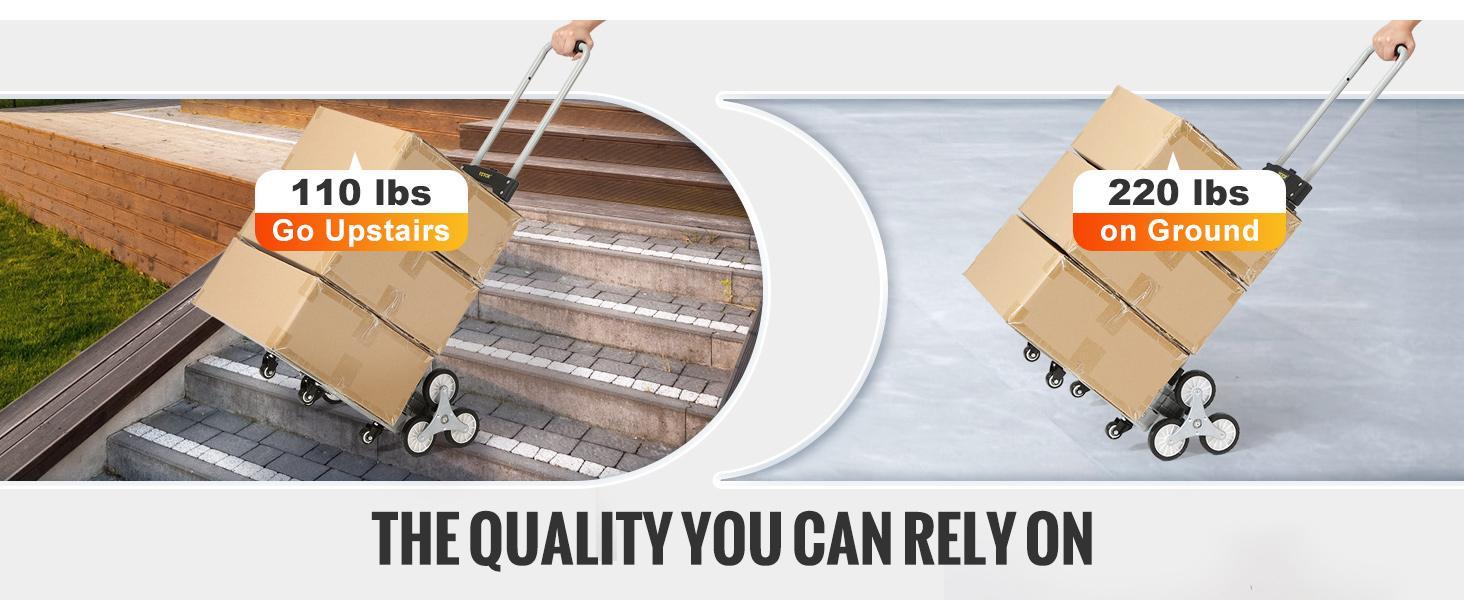 VEVOR Stair Climbing Cart,  Max. 550 lbs Load Capacity, Foldable Hand Truck with 32.3-45.7 inch Adjustable Handle Height, 4 Universal Wheels & 2 Elastic Ropes, Multipurpose Dolly for Warehouse Shopping