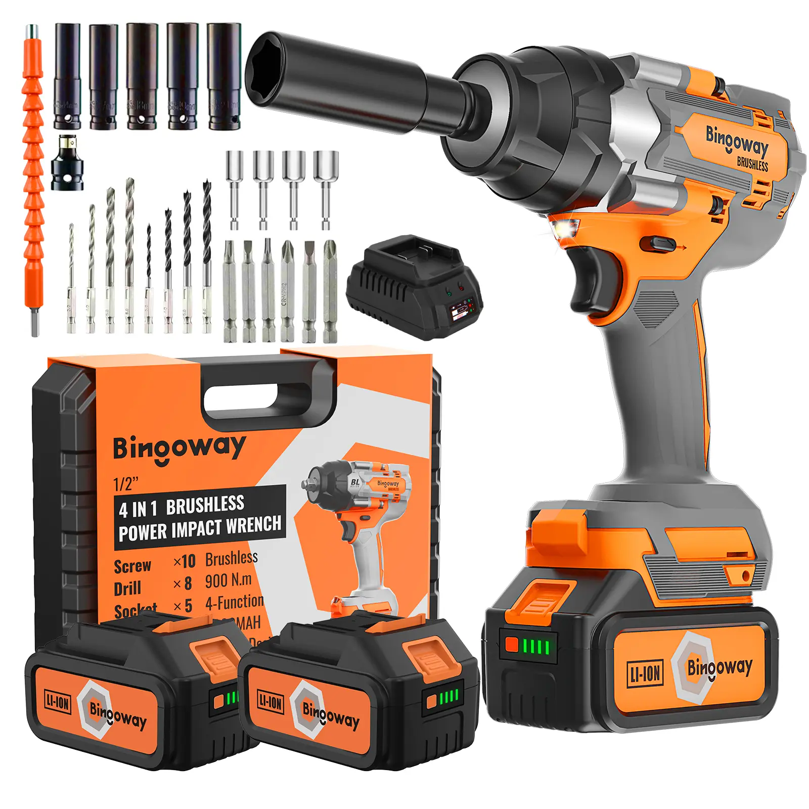 1/2"Brushless Cordless Impact Wrench Set,900N(664ft-lbs)Max Torque Power Impact Driver Tool,Impact Gun With 2x4.0Ah 21V Batteries,4Function,High-Intensity Rubber Protection,5Sockets,8Drills,10Screws,LED,Variable Speed for Car Repair Home,Tool Box,Tool Kit