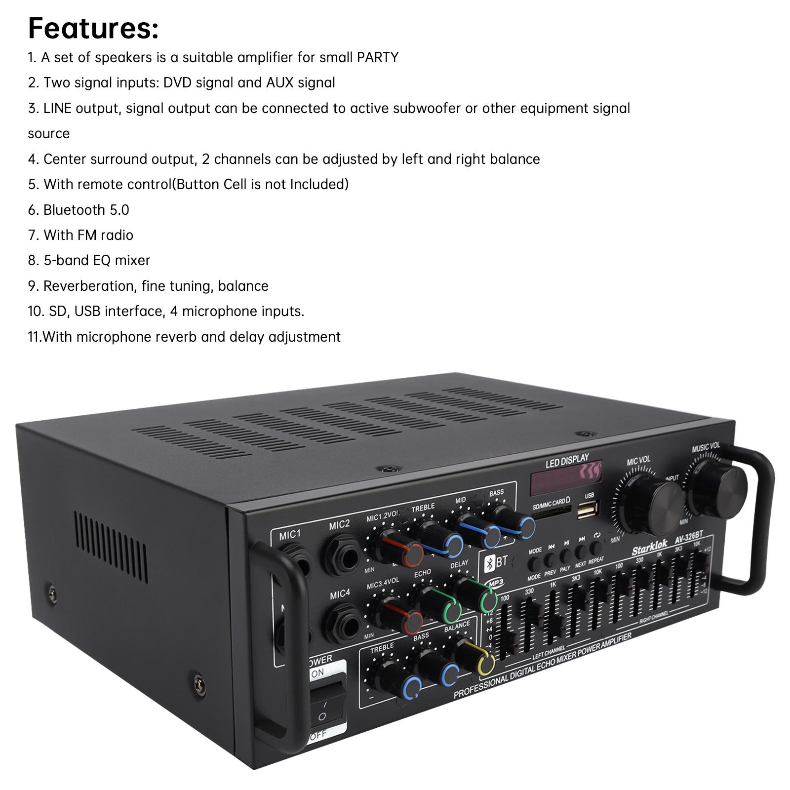 Areyourshop Power Amplifier EQ Bluetooth 5.0 Stereo Amplifier with Remote Control Support USB Disk SD Card for Home Cinema Party Areyourshop Power Amplifier EQ Bluetooth 5.0 Stereo Amplifier with Remote Control Support USB Disk SD Card for Home Cinema Party