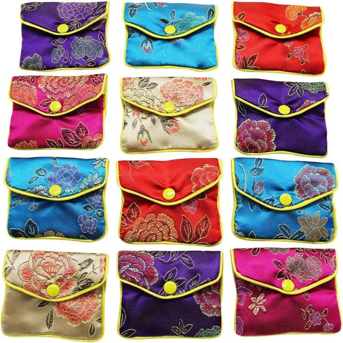 Women's 12-Piece Silk Fabric Floral Embroidery Travel Jewelry Storage Bags with Buckle Closure - 2 Sizes (3.15x3.94in, 3.94x4.72in), Portable Household Textile Organizer for Jade, Bracelets, Beads, Small Wood Art Objects, Bright Colors, Gift, Two Sizes, 3