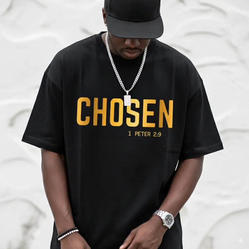 Men's Navy Blue Round Neck Loose Fit Shortsleeve Casual Wear Menswear T-Shirt - "Chosen 1 Peter 2:9" Faith Print, Breathable Top, Ideal for Summer, Outdoor Activities