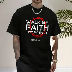 Walk By Faith Not By Sight Christian Graphic Tee Unisex Black White Thorn Crown 2 Corinthians 5:7 Faithwear Street Style Religious T-Shirt Believer Gift up to 3XL