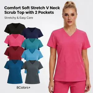 Yoga Scrub Top for Women V Neck Shirt with 2 Pockets, Comfort Soft Stretch, Easy Care