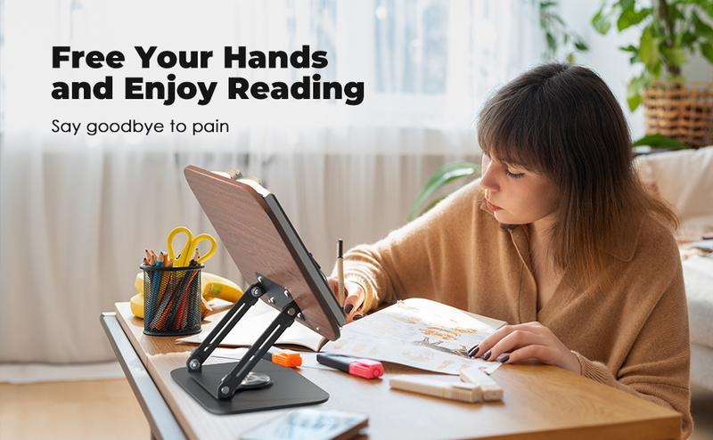 MUNBYN Book Stand for Reading, Book Holder, Height&Angle Adjustable, 360° Rotating Base, Foldable and Portable, Lightweight for Office, Kitchen, School Textbook, Recipe, Magazine,Kindle,Tablet