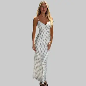 Women's Polka Dot Print Spaghetti Strap Deep V Neck Maxi Dress 2026 Spring Summer New Arrival Dress Slim Fit Sexy Dates Casual Outings Stylish Elegant Long Dress