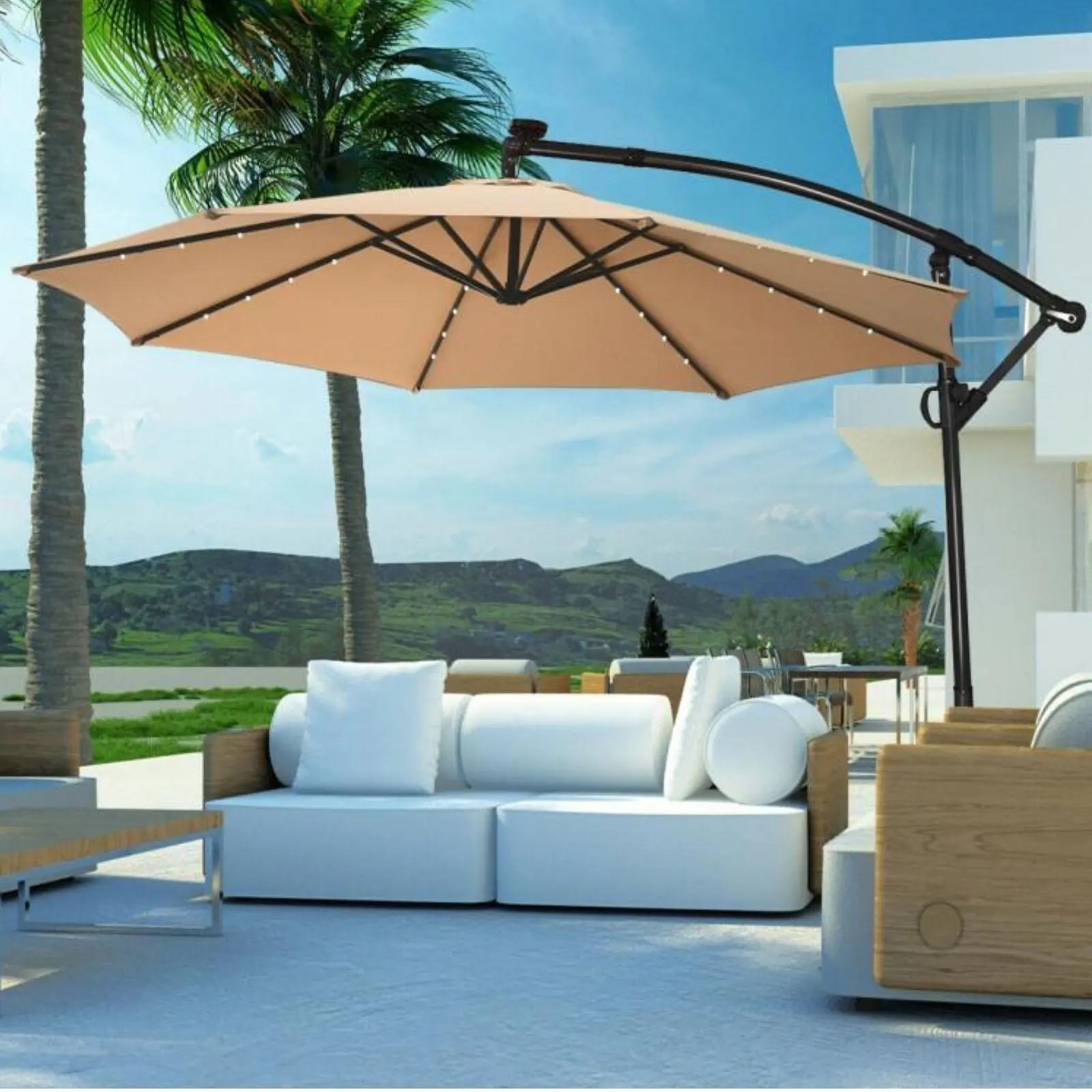 COSTWAY 10 FT 360° Rotating Solar Powered Patio Umbrella, Offset Cantilever Outdoor Umbrella with 360 Degree Rotation, Easy Tilt Adjustment, Crank Handle & Cross Base for Pool Deck Garden Backyard,4th of july decor, dad gift