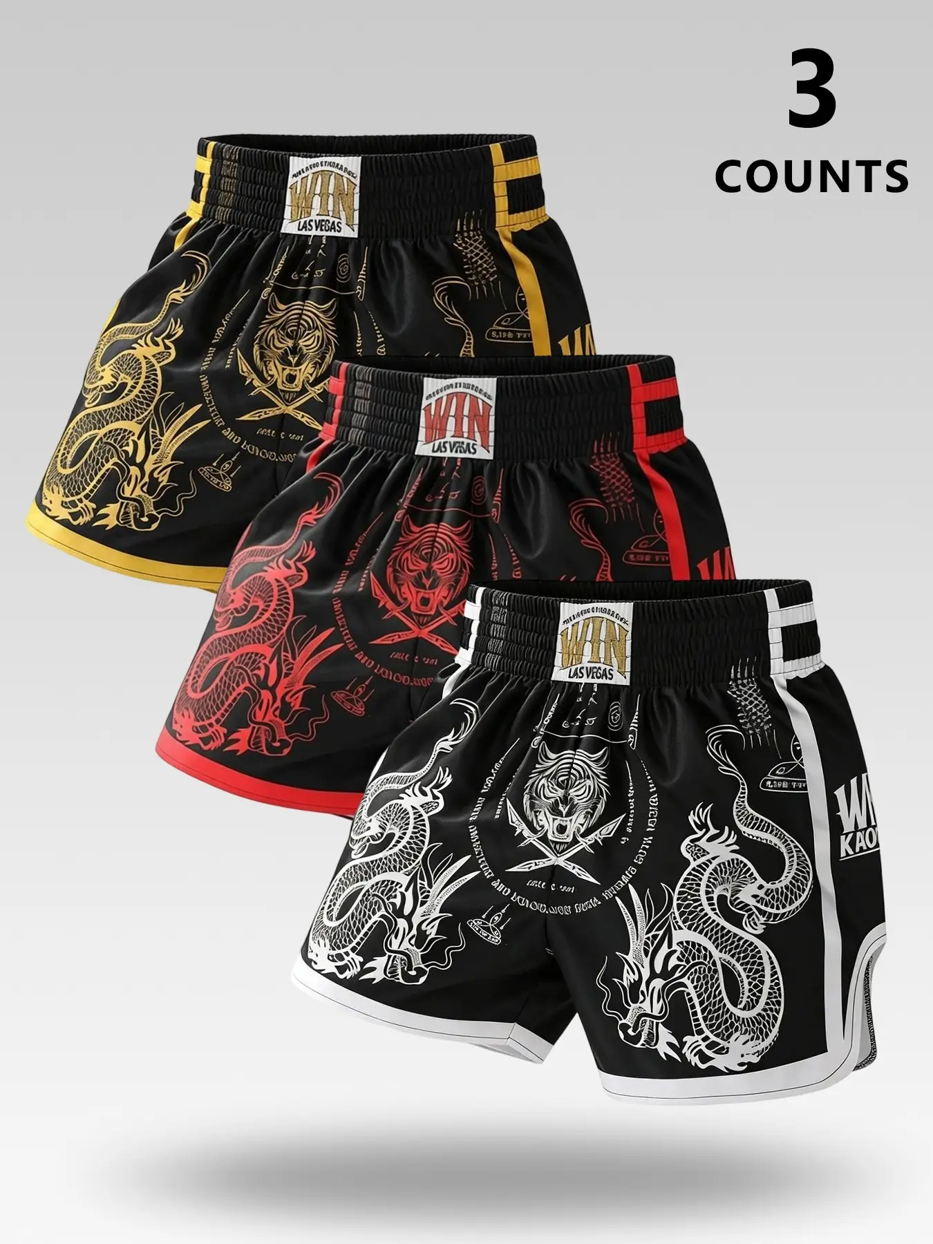 3-Pack Men's Summer Casual Fitness Shorts, Sporty Shorts, Tiger Head & Dragon Design, Professional Muay Thai Training, Mma Warm-Up, Martial Arts Fashion, Graphic Fitness Shorts, Fashionable Summer Shorts