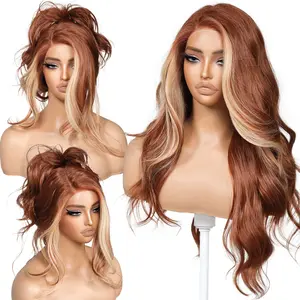 BrownBomb Side Part Glueless Lace Wig 24 Inch Pre-Styled Layered Synthetic Hair with Face Bangs & Vivid Natural Hairline 3 Sec Wear for Women and Beginner