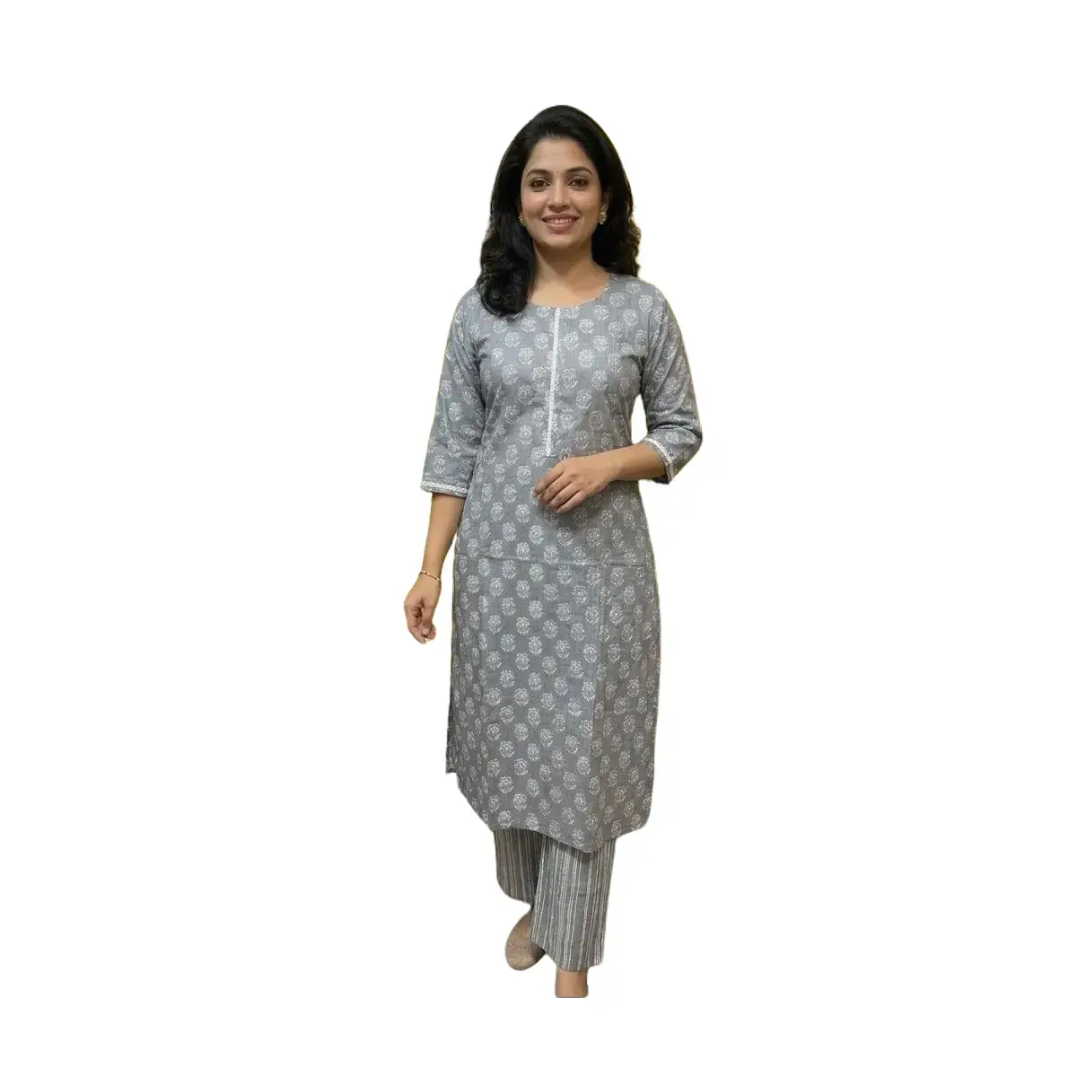 #2PS-19 Elegant Grey Floral Block Print Cotton Kurta Pant Set