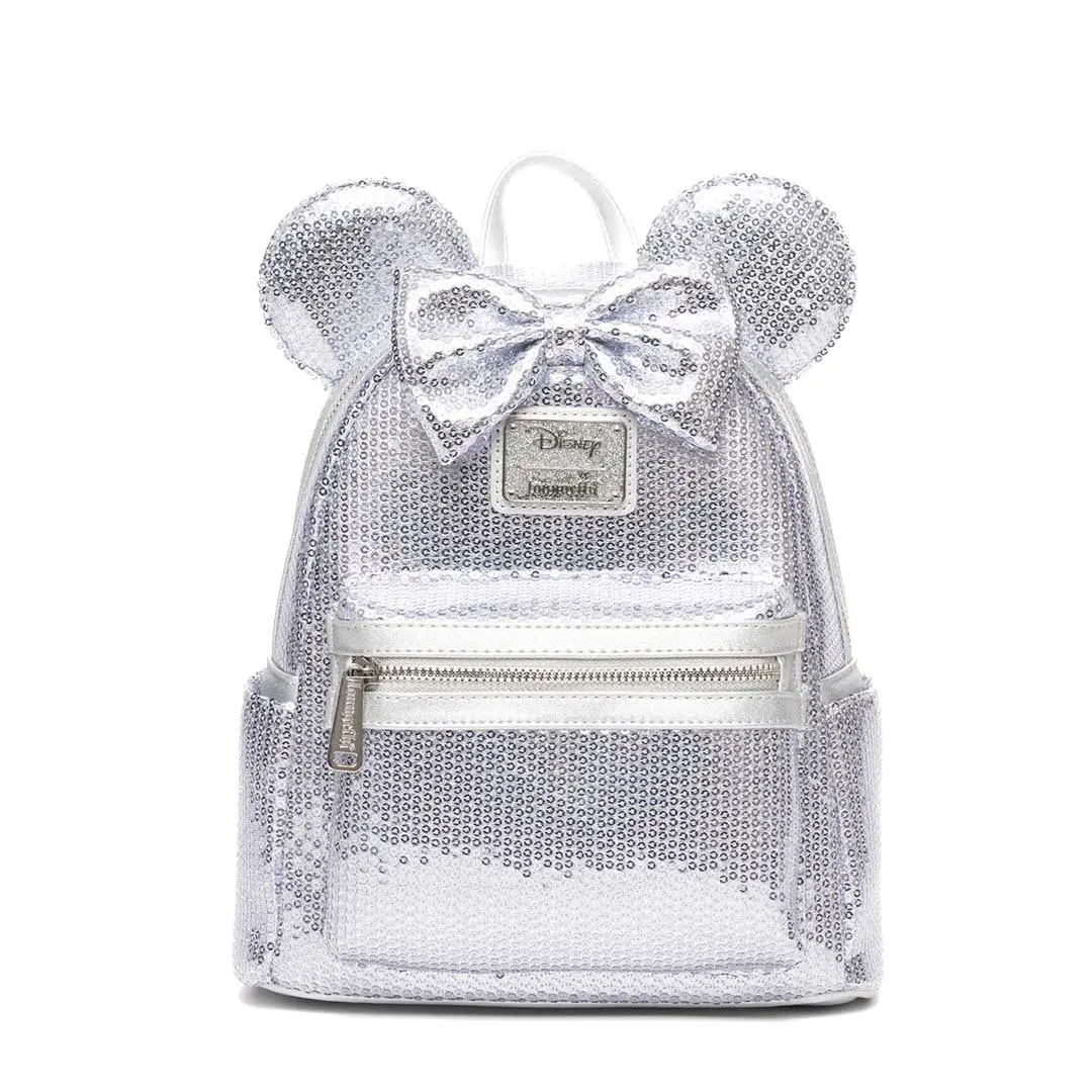 Loungefly Disney Minnie Mouse Platinum Sequin Mini Backpack - Faux Leather Collectible Everyday Carry Bag with Cartoon Character Ears & Bow, 9" w x 10.5" h x 4.5" d, Sequins, Collectibles, Minnie Ears, Casual Wear, Silver Sequins