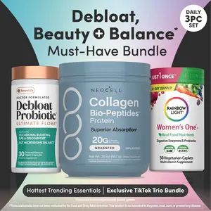 Debloat, Beauty + Balance Must Have Bundle: NeoCell Collagen Bio-Peptides Powder, Rainbow Light Women's Multivitamin, & Renew Life Debload Probiotic – Daily 3 Piece Set – Trio Bundle