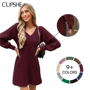 CUPSHE 【Valentine's Day】 Honeycomb Textured Knit Mini Dress | Elegant V-Neck Long Sleeve Sweater Dress | Soft Girl Aesthetic Early Autumn Pullover Dress for Date Night