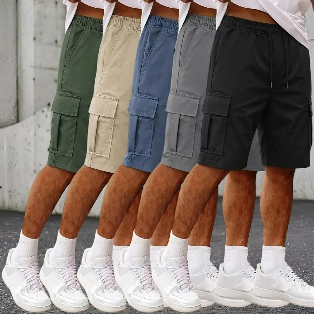 Men's Chic Baggy Cargo Shorts 5-Pack - Plain Polyester Woven Textured Fabric, Multiple Pockets, Adjustable Waistband for Summer Hiking & Light Outdoor, Cold Wash/Dry Clean Compatible