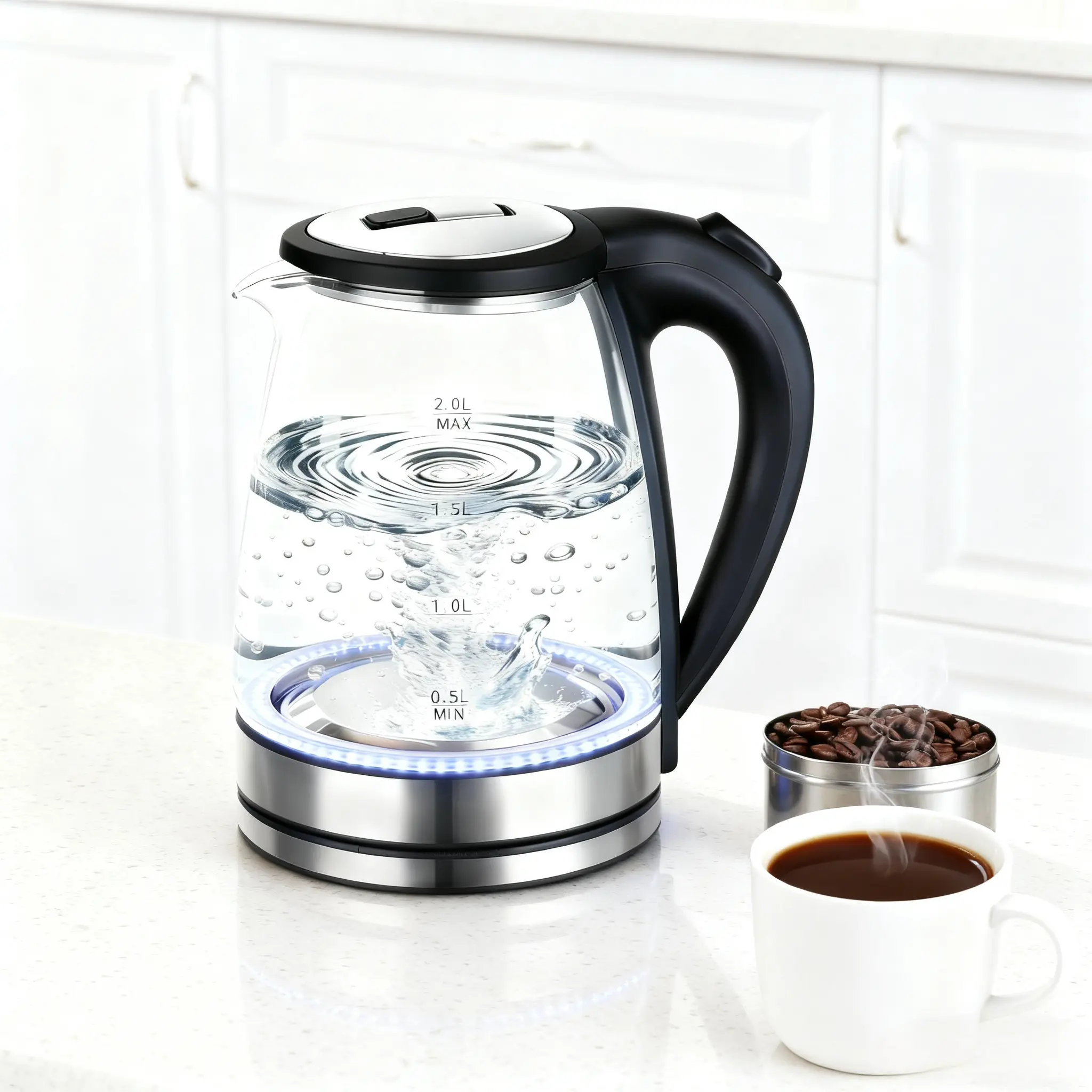 1500W Kitchen Electric Glass Kettle - 2.0L Transparent Borosilicate Glass Automatic Water Boiler, 110V Fast Boil, Auto Shut-Off, LED Indicator, Cool-Touch Handle, Energy-Efficient, Durable, Easy-to-Clean, Ideal for Home, Dorm (Kitchen Household Products),