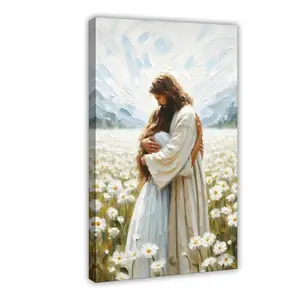 Jesus Christ Hugging Child in Daisy Flower Field Canvas Wall Art Framed for Living Room Bedroom Christian Home Decor Spiritual Easter Gift