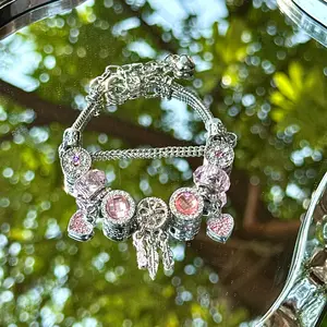 Buy 1 Get 1！Silver plated adjustable dreamcatcher charm bracelet large hole chain crystal heart pendant bracelet for women trendy pink bracelets style bracelet summer fashionable boho alloy,Birthday gift,charm bracelets,beautiful jewelry