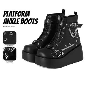 Womens Ankle Boots Round Toe Lace Up Chunky Platform Wedge Heel Side Zipper Chain Buckle Cross Studs Comfy Goth Punk Party Cosplay Nightclub Casual Riding Combat Motorcycle Biker Boot Deals For You Days