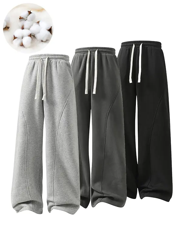 Women's Fleece Thermal Lined Straight Sweatpants, Wide Leg Baggy Basic Style Athletic Joggers Pants with Drawstring Waistband, Youth Girl Cute Casual Comfy Trouser for Spring Autumn and Winter Minimalist Womenswear Bottom