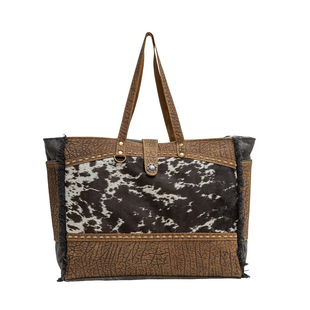 Myra Asher Large Canvas and Hair-On Cowhide Genuine Leather Weekender Bag for Women, Western Duffle with Concho and Large Pockets, Fringe, Concho Clasp
