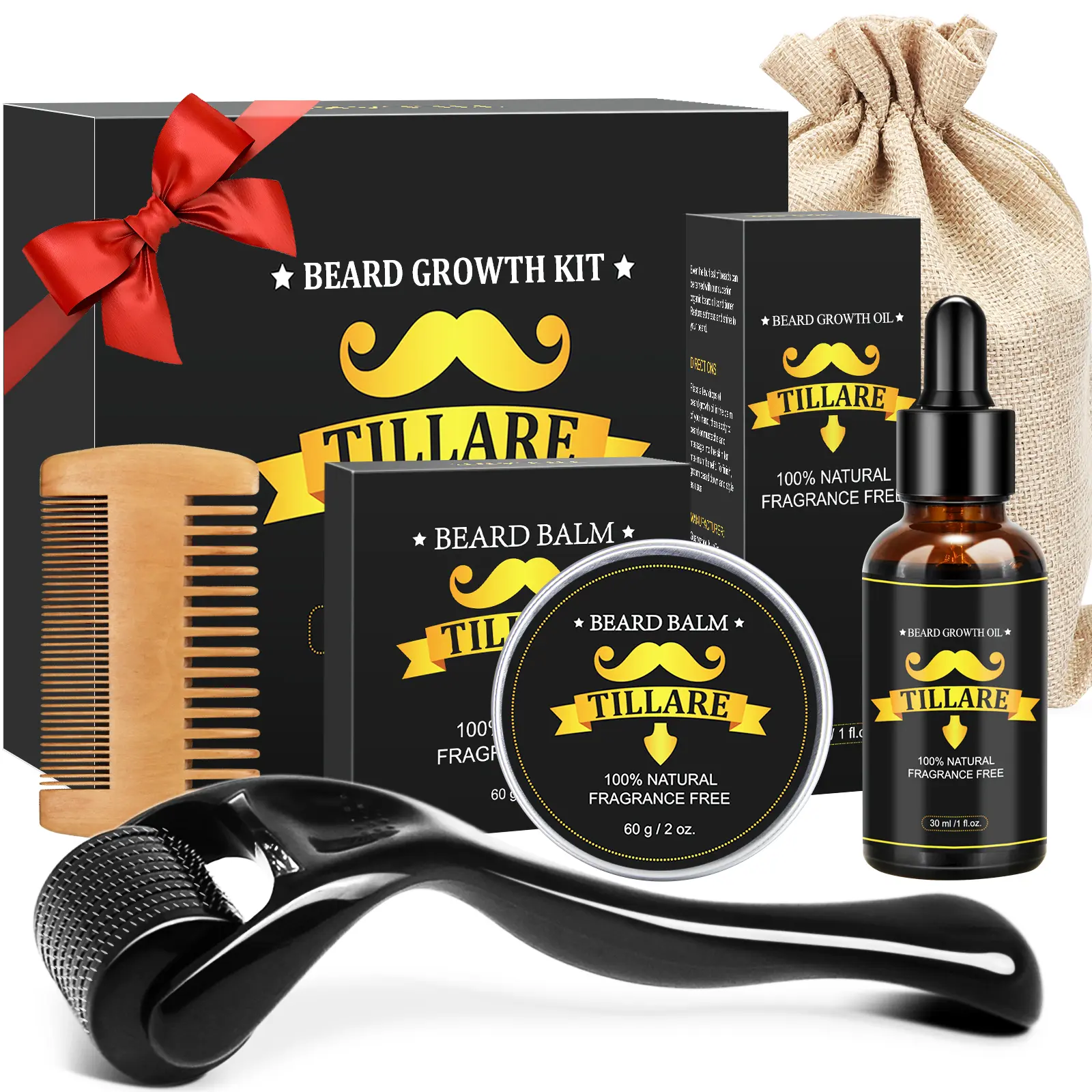 Beard Growth Kit - TILLARE Beard Grooming Kit with Beard Growth Oil, Balm, Comb, Massager, Christmas & Birthday Gifts for Men Husband Dad Boyfriend,sunscreen
