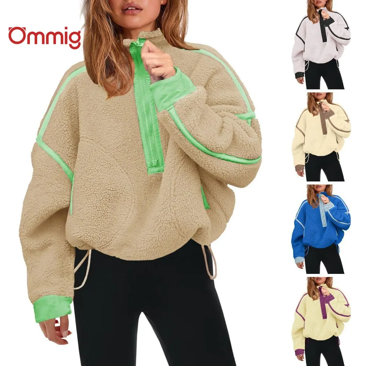 Ommig Sherpa Sweatshirt for Women, Fuzzy Teddy Fleece Half-Zip Pullover with Zipper Pockets for Leggings Style, Fluffy, Outdoor, Long Sleeve, Fit, Collared, Soft, Polyester, Regular, School, Relaxed
