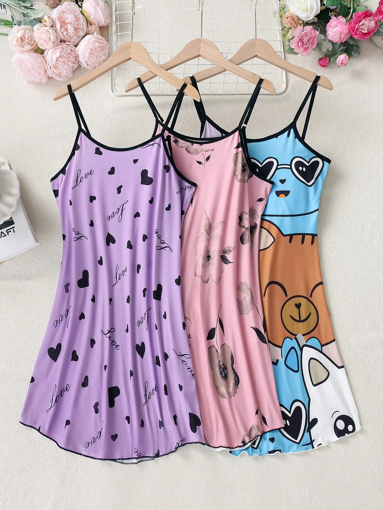 Women's Elegant 3-Piece Heart-Print Lace-Edged Nightwear Set - Lightweight Sleeveless Fitted Camisole Nightgown, Summer Inner Dress Pajamas, Breathable, Loungewear, Casual, Clothes For Women, Pj Sets For Women